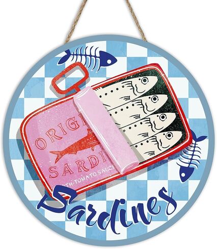 Coastal Sardines Fish Can Front Door Sign, Beach Seafood Fishbone Wood Plaque Hanger Restaurant Kitchen Dining Room Home Decor, Nautical Checkered Wooden Wreath Wall Hanging Decoration in Saudi Arabia