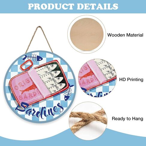 Coastal Sardines Fish Can Front Door Sign, Beach Seafood Fishbone Wood Plaque Hanger Restaurant Kitchen Dining Room Home Decor, Nautical Checkered Wooden Wreath Wall Hanging Decoration in Saudi Arabia