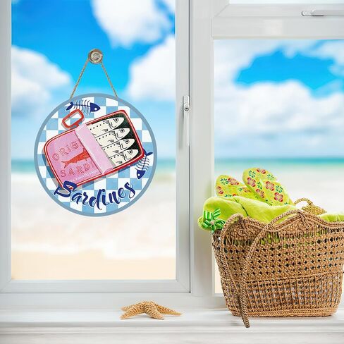 Coastal Sardines Fish Can Front Door Sign, Beach Seafood Fishbone Wood Plaque Hanger Restaurant Kitchen Dining Room Home Decor, Nautical Checkered Wooden Wreath Wall Hanging Decoration in Saudi Arabia