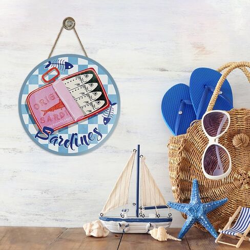 Coastal Sardines Fish Can Front Door Sign, Beach Seafood Fishbone Wood Plaque Hanger Restaurant Kitchen Dining Room Home Decor, Nautical Checkered Wooden Wreath Wall Hanging Decoration in Saudi Arabia