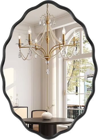 Oval Bathroom Mirror Wall Mounted Large Decorative Wall Mirror for Living Room, Bedroom, or Entryway – Vintage Sunburst Design with Beveled Detailing – Wavy Frame Vanity Mirror (Black) in Saudi Arabia