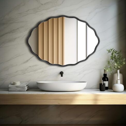 Oval Bathroom Mirror Wall Mounted Large Decorative Wall Mirror for Living Room, Bedroom, or Entryway – Vintage Sunburst Design with Beveled Detailing – Wavy Frame Vanity Mirror (Black) in Saudi Arabia