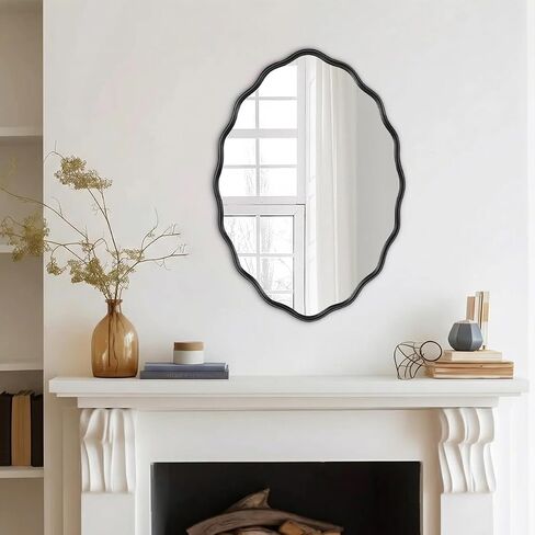 Oval Bathroom Mirror Wall Mounted Large Decorative Wall Mirror for Living Room, Bedroom, or Entryway – Vintage Sunburst Design with Beveled Detailing – Wavy Frame Vanity Mirror (Black) in Saudi Arabia