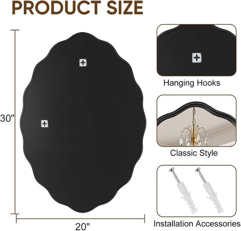 Oval Bathroom Mirror Wall Mounted Large Decorative Wall Mirror for Living Room, Bedroom, or Entryway – Vintage Sunburst Design with Beveled Detailing – Wavy Frame Vanity Mirror (Black) in Saudi Arabia