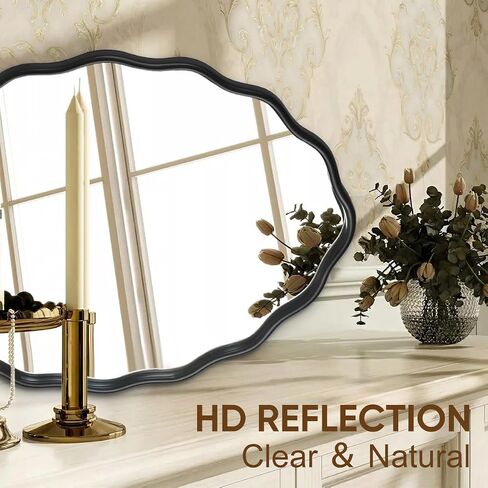 Oval Bathroom Mirror Wall Mounted Large Decorative Wall Mirror for Living Room, Bedroom, or Entryway – Vintage Sunburst Design with Beveled Detailing – Wavy Frame Vanity Mirror (Black) in Saudi Arabia