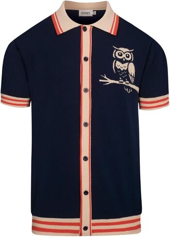 OXKNIT Men's Knit Short Sleeve Shirts Button Down Vintage Knitted Polo Shirt Owl Pattern Dark Blue Cotton Polo in Saudi Arabia