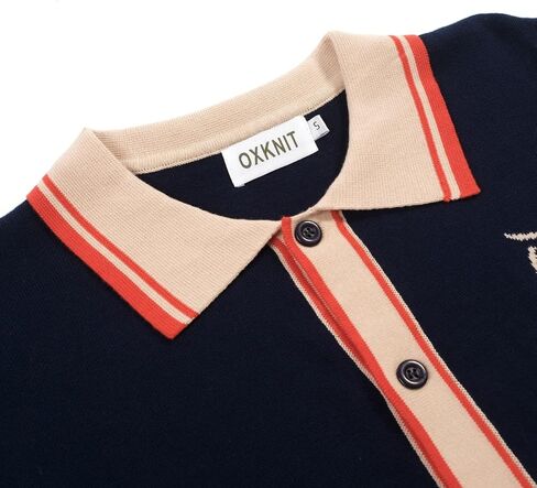 OXKNIT Men's Knit Short Sleeve Shirts Button Down Vintage Knitted Polo Shirt Owl Pattern Dark Blue Cotton Polo in Saudi Arabia