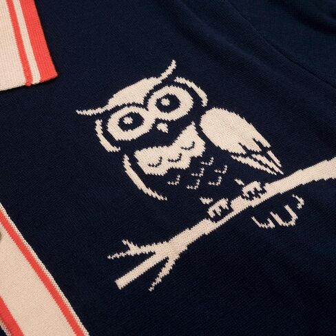 OXKNIT Men's Knit Short Sleeve Shirts Button Down Vintage Knitted Polo Shirt Owl Pattern Dark Blue Cotton Polo in Saudi Arabia