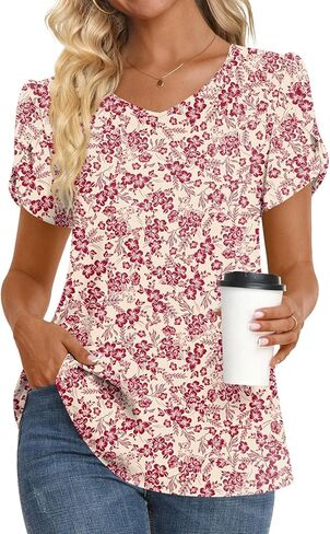 Womens Summer Tunics Tops Casual Short Sleeve Chiffon Blouse V Neck T Shirts for Leggings in Saudi Arabia