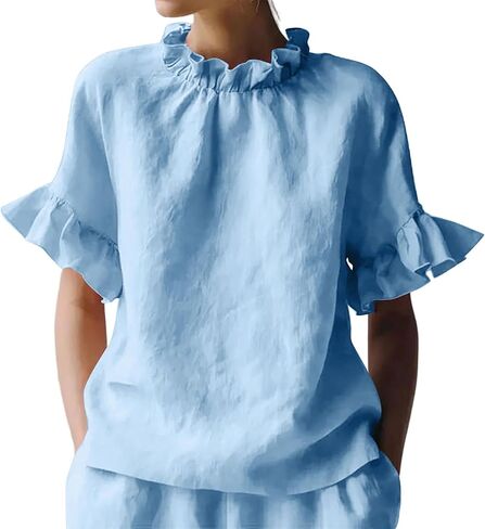 Women's Frill Neck Flutter Sleeve Top Cotton Linen Casual Loose Summer Blouse Lightweight Solid Flowy Elegant Tunic Shirt in Saudi Arabia