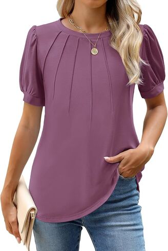 WEACZZY Womens Short Sleeve T-Shirts Pleated Shirts Crew Neck Puff Sleeves Tunic Top Basic Casual Blouse Fashion Outfits 2026 in Saudi Arabia