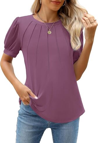 WEACZZY Womens Short Sleeve T-Shirts Pleated Shirts Crew Neck Puff Sleeves Tunic Top Basic Casual Blouse Fashion Outfits 2026 in Saudi Arabia