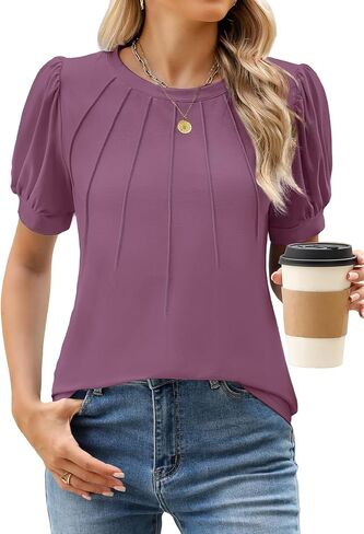 WEACZZY Womens Short Sleeve T-Shirts Pleated Shirts Crew Neck Puff Sleeves Tunic Top Basic Casual Blouse Fashion Outfits 2026 in Saudi Arabia