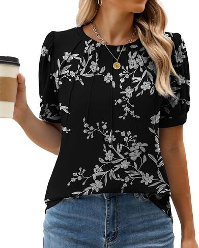 WEACZZY Womens Short Sleeve T-Shirts Pleated Shirts Crew Neck Puff Sleeves Tunic Top Basic Casual Blouse Fashion Outfits 2026 in Saudi Arabia