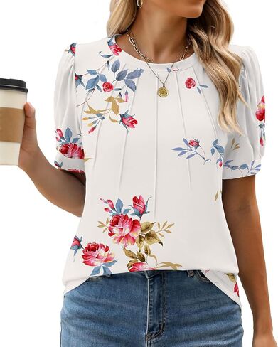 WEACZZY Womens Short Sleeve T-Shirts Pleated Shirts Crew Neck Puff Sleeves Tunic Top Basic Casual Blouse Fashion Outfits 2026 in Saudi Arabia