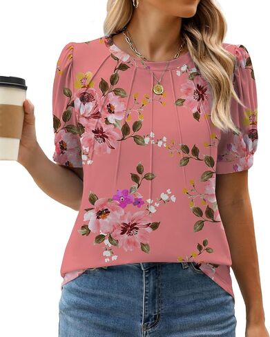 WEACZZY Womens Short Sleeve T-Shirts Pleated Shirts Crew Neck Puff Sleeves Tunic Top Basic Casual Blouse Fashion Outfits 2026 in Saudi Arabia