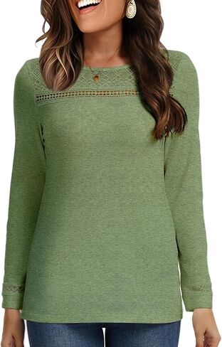 Long Sleeve Shirts for Women Business Casual Tunic Lace Top Dressy for Office Mesh Fall Fashion Clothes Mothers Day Gifts in Kuwait