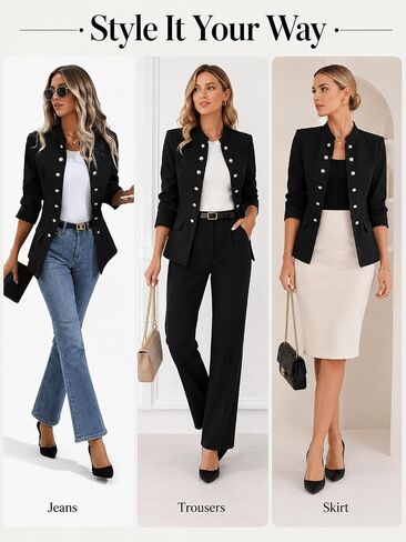 Women's Button Blazer Jacket Collarless Open Front Elegant Fitted Fashion Casual Work Coat in Kuwait
