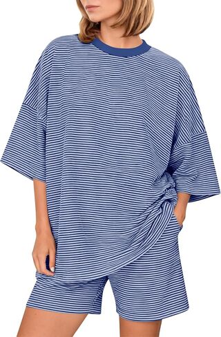 Oversized 2 Piece Striped Lounge Sets Summer Short Sleeve T Shirts Shorts Casual Matching Pajamas Set in Kuwait