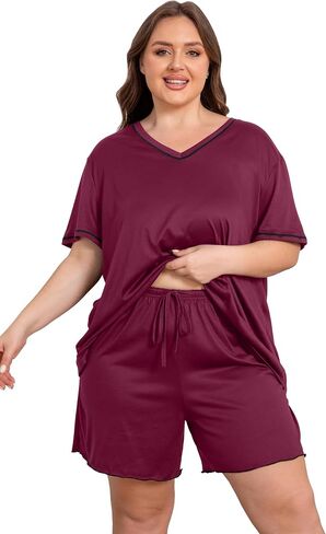 Vozanet Women's Plus Size Pajama Sets V Neck Shorts Set Solid Color Piping Trim Sleepwear Summer Loungewear with Pockets in Saudi Arabia