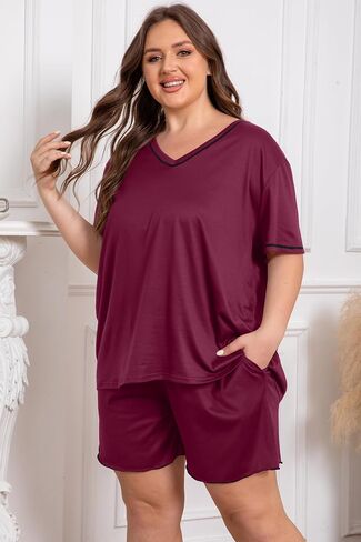 Vozanet Women's Plus Size Pajama Sets V Neck Shorts Set Solid Color Piping Trim Sleepwear Summer Loungewear with Pockets in Saudi Arabia