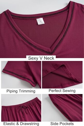 Vozanet Women's Plus Size Pajama Sets V Neck Shorts Set Solid Color Piping Trim Sleepwear Summer Loungewear with Pockets in Saudi Arabia