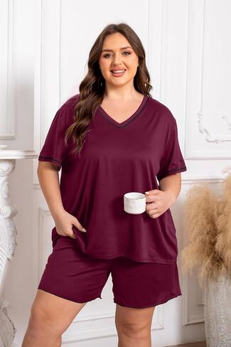 Vozanet Women's Plus Size Pajama Sets V Neck Shorts Set Solid Color Piping Trim Sleepwear Summer Loungewear with Pockets in Saudi Arabia
