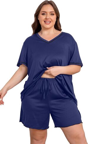 Vozanet Women's Plus Size Pajama Sets V Neck Shorts Set Solid Color Piping Trim Sleepwear Summer Loungewear with Pockets in Saudi Arabia