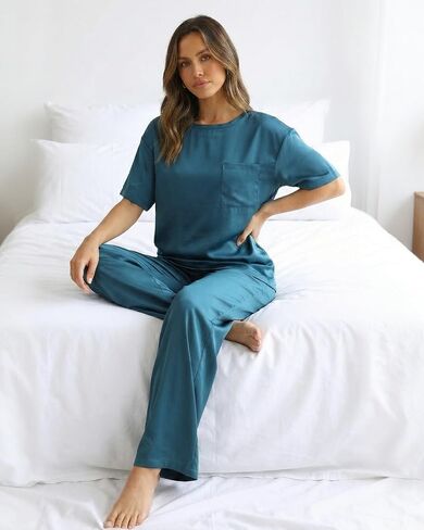Zylioo طقم صالة الساتان للنساء طويل القامة 5'8 "+ بيجامة صيفية حريرية طقم من قطعتين للنوم والاسترخاء ملابس منزلية باللون الأخضر in Kuwait
