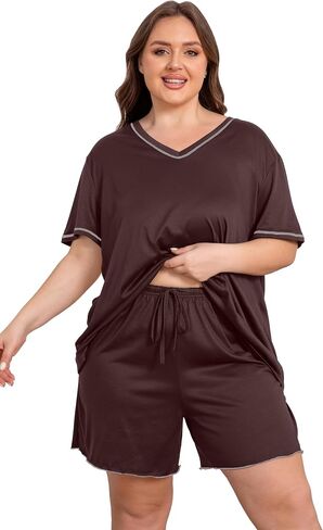 Vozanet Women's Plus Size Pajama Sets V Neck Shorts Set Solid Color Piping Trim Sleepwear Summer Loungewear with Pockets in Saudi Arabia