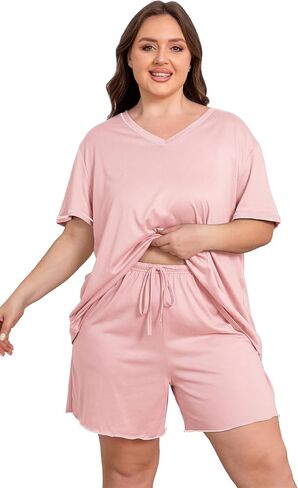 Vozanet Women's Plus Size Pajama Sets V Neck Shorts Set Solid Color Piping Trim Sleepwear Summer Loungewear with Pockets in Saudi Arabia