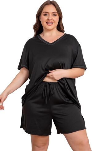 Vozanet Women's Plus Size Pajama Sets V Neck Shorts Set Solid Color Piping Trim Sleepwear Summer Loungewear with Pockets in Saudi Arabia