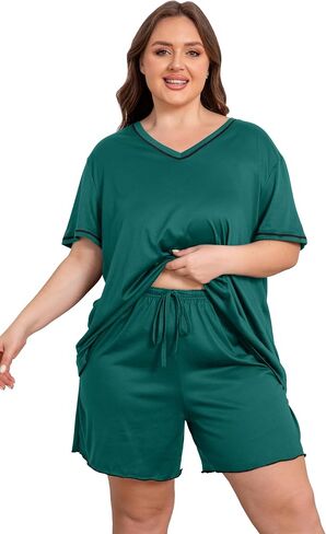 Vozanet Women's Plus Size Pajama Sets V Neck Shorts Set Solid Color Piping Trim Sleepwear Summer Loungewear with Pockets in Saudi Arabia