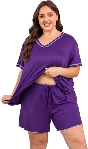 Vozanet Women's Plus Size Pajama Sets V Neck Shorts Set Solid Color Piping Trim Sleepwear Summer Loungewear with Pockets in Saudi Arabia