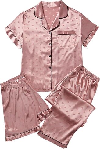 WDIRARA Women's Plus Size 3 Piece Satin Pajama Set Short Sleeve Button Down Shorts Pants Pjs Sleepwear in Kuwait