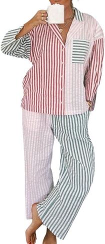 codcm Womens Y2k Colorblock Striped Cotton Pajama Set 2 Piece Long Sleeve Button Down Loungewear Set in Saudi Arabia