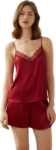 Mommesilk Silk Pajamas for Women Leaver Lace Silk Pajama Set 2 Piece Relaxed Camisole Top with Shorts Washable Summer in Saudi Arabia