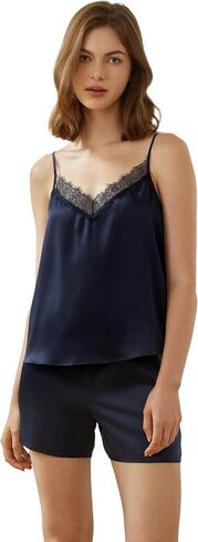 Mommesilk Silk Pajamas for Women Leaver Lace Silk Pajama Set 2 Piece Relaxed Camisole Top with Shorts Washable Summer in Saudi Arabia