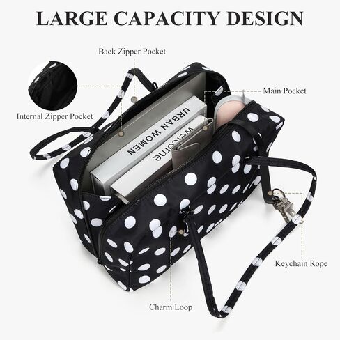 Nylon Polka Dots Bowler Bag Polka Dots Purse for Women Nylon Shoulder Bag Top Handle Tote Bag with Key Leash in Saudi Arabia