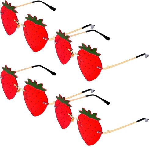 AnyDesign Strawberry Shape Sunglasses Red Strawberry Rimless Eyewear Fruit Theme Party Prom Accessories Costume Glasses for Women Girls Summer Holiday Birthday, Set of 4 in Kuwait