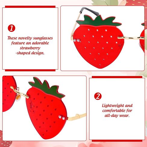AnyDesign Strawberry Shape Sunglasses Red Strawberry Rimless Eyewear Fruit Theme Party Prom Accessories Costume Glasses for Women Girls Summer Holiday Birthday, Set of 4 in Kuwait
