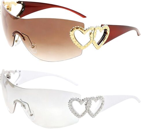 2Pcs Wrap Around Y2K Rimless Sunglasses Women Men Oversized 2000S Trendy Fashion Futuristic Sun Glasses Cool Shade in Saudi Arabia