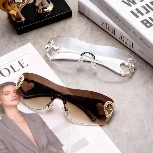 2Pcs Wrap Around Y2K Rimless Sunglasses Women Men Oversized 2000S Trendy Fashion Futuristic Sun Glasses Cool Shade in Saudi Arabia