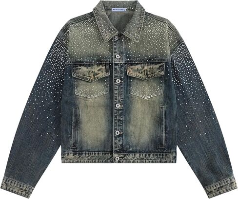 Aelfric Eden Men Vintage Denim Jacket Rhinestone Wash Jeans Coat Boxy Trendy Loose Crop Coats in Kuwait