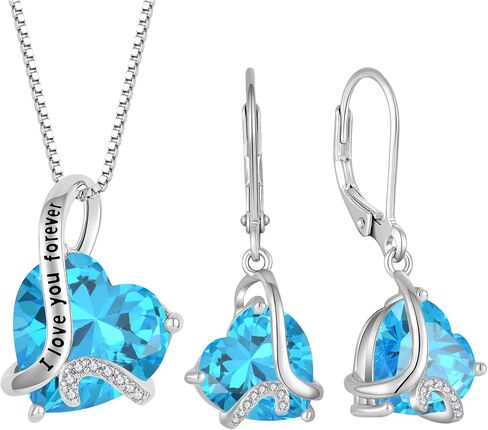 Heart Birthstone Jewelry Set - "I Love You Forever" Engraved Blue Heart Pendant Necklace & Drop Earrings, Hypoallergenic White Gold Plated Jewelry for Women, Valentine's Day Anniversary Birthday in Saudi Arabia