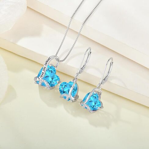 Heart Birthstone Jewelry Set - "I Love You Forever" Engraved Blue Heart Pendant Necklace & Drop Earrings, Hypoallergenic White Gold Plated Jewelry for Women, Valentine's Day Anniversary Birthday in Saudi Arabia