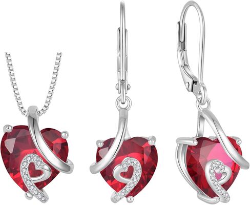 Women 925 Sterling Silver Heart Pendant Necklace Earrings Red July Birthstone Ruby Color Jewelry Set in Saudi Arabia