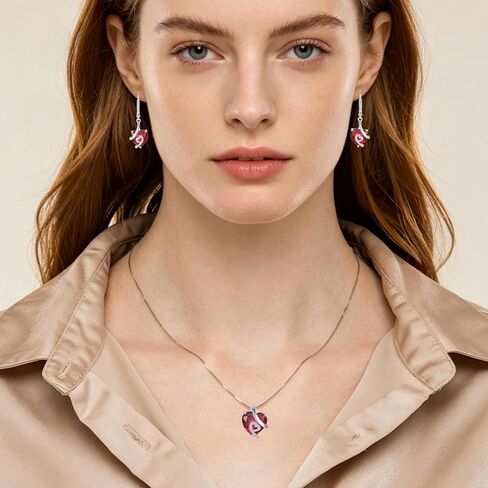 Women 925 Sterling Silver Heart Pendant Necklace Earrings Red July Birthstone Ruby Color Jewelry Set in Saudi Arabia
