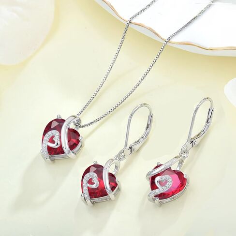 Women 925 Sterling Silver Heart Pendant Necklace Earrings Red July Birthstone Ruby Color Jewelry Set in Saudi Arabia