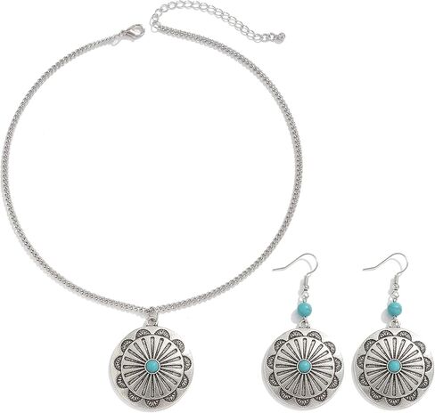 Western Turquoise Pendant Necklace Earring Set Vintage Silver-Plated Southwestern Style Jewelry with Cactus, Flower & Sunburst Charms Boho Cowgirl Statement Jewelry for Women in Kuwait